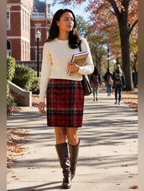 DKNY Vintage Scottish Plaid Wrap Wool Skirt/Kilt with Large Pins- Size: 8